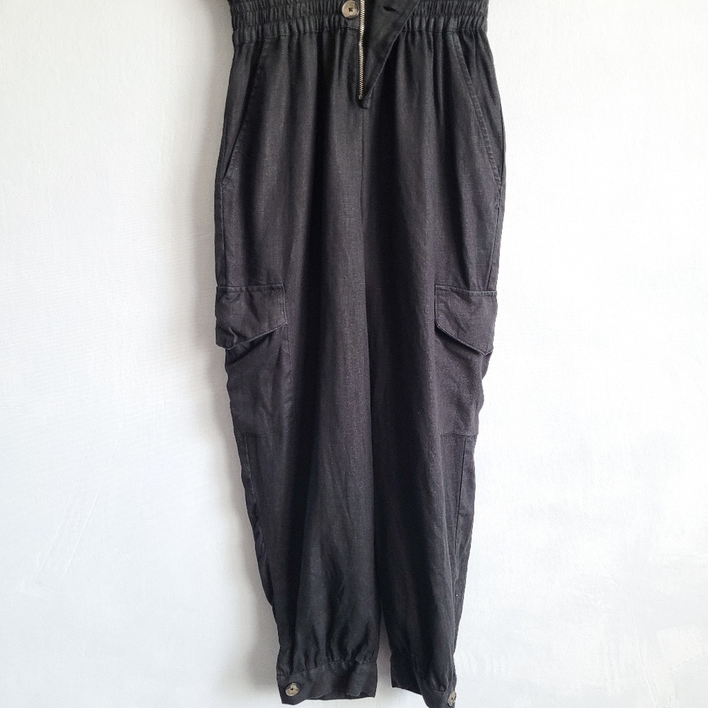 Zara Linen Utility Cargo Black Collared Military Jumpsuit Size Small - Picture 5 of 7